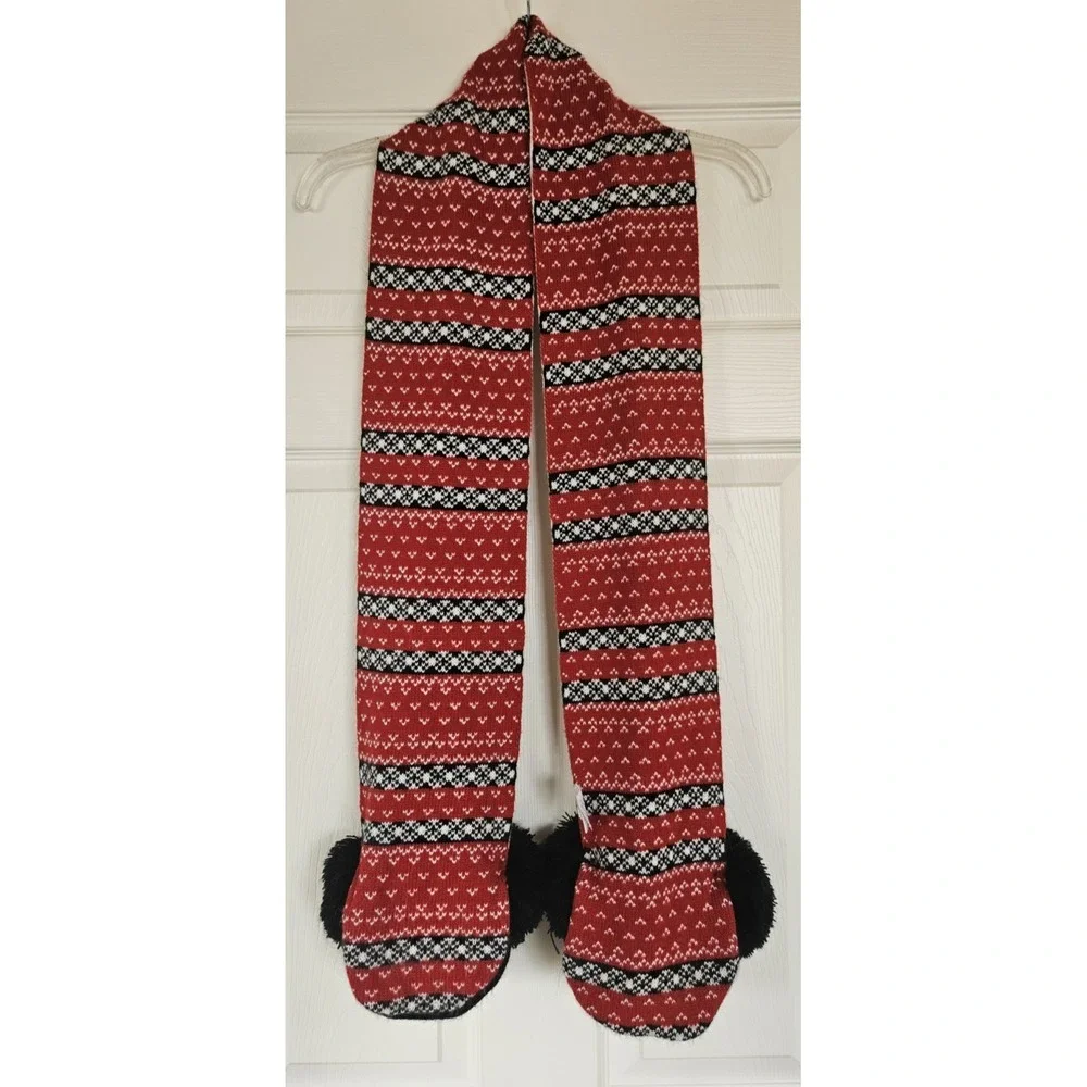 Disney Mickey Mouse PomPom Pocket Knit Winter Holiday Scarf Christmas Red White